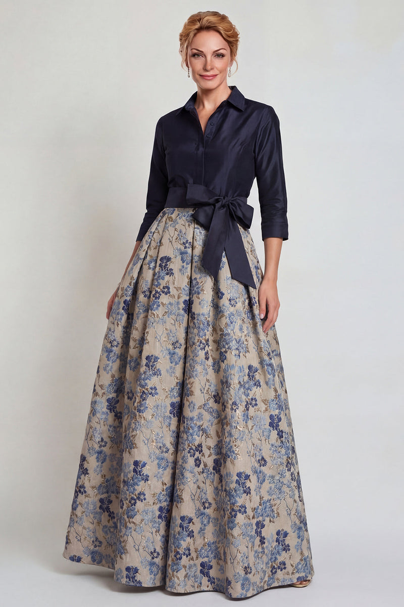 Load image into Gallery viewer, Navy Jacquard Floral A Line 3/4 Sleeves Long Mother of the Bride Dress with Bow
