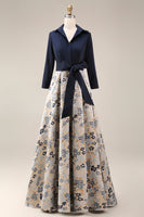 Load image into Gallery viewer, Navy Jacquard Floral A Line 3/4 Sleeves Long Mother of the Bride Dress with Bow