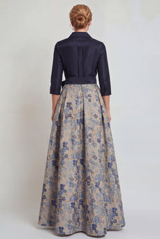 Navy Jacquard Floral A Line 3/4 Sleeves Long Mother of the Bride Dress with Bow