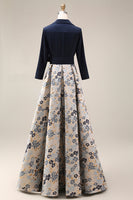 Load image into Gallery viewer, Navy Jacquard Floral A Line 3/4 Sleeves Long Mother of the Bride Dress with Bow