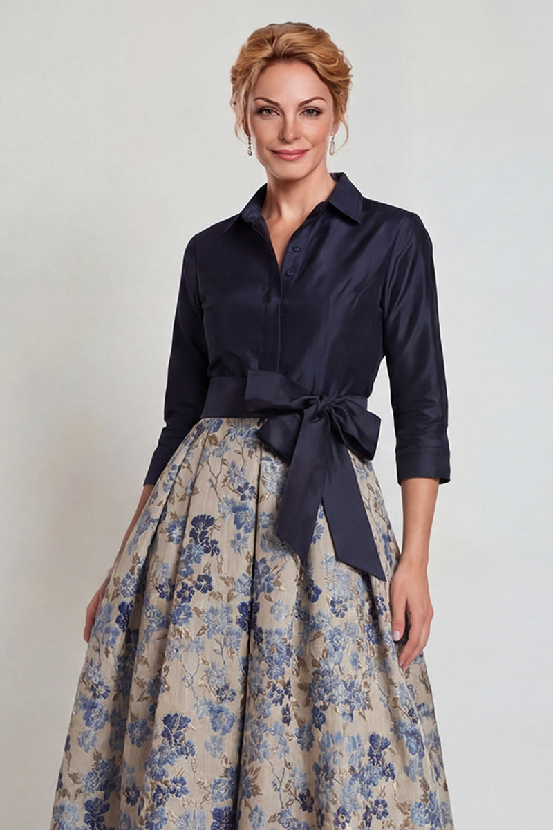 Load image into Gallery viewer, Navy Jacquard Floral A Line 3/4 Sleeves Long Mother of the Bride Dress with Bow