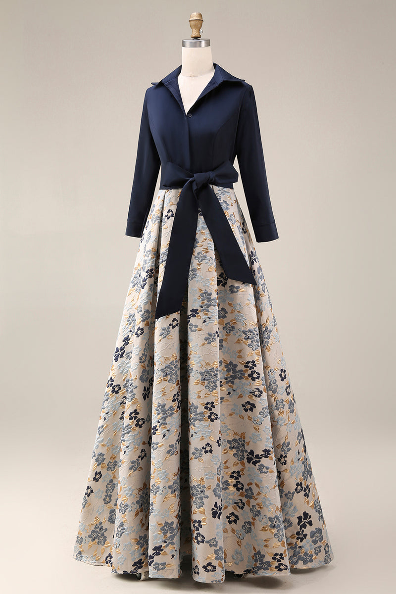 Load image into Gallery viewer, Navy Jacquard Floral A Line 3/4 Sleeves Long Mother of the Bride Dress with Bow