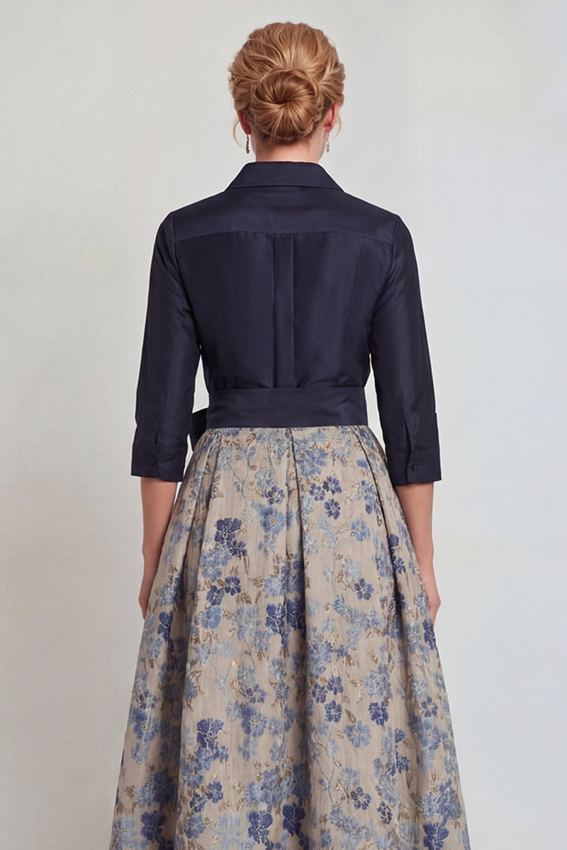 Load image into Gallery viewer, Navy Jacquard Floral A Line 3/4 Sleeves Long Mother of the Bride Dress with Bow