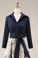 Load image into Gallery viewer, Navy Jacquard Floral A Line 3/4 Sleeves Long Mother of the Bride Dress with Bow