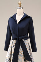 Load image into Gallery viewer, Navy Jacquard Floral A Line 3/4 Sleeves Long Mother of the Bride Dress with Bow