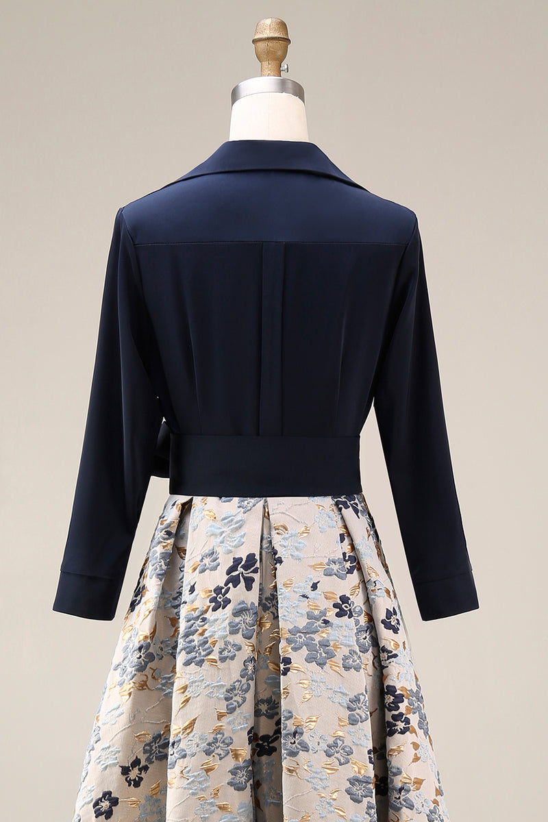 Load image into Gallery viewer, Navy Jacquard Floral A Line 3/4 Sleeves Long Mother of the Bride Dress with Bow