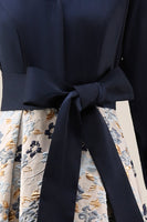 Load image into Gallery viewer, Navy Jacquard Floral A Line 3/4 Sleeves Long Mother of the Bride Dress with Bow