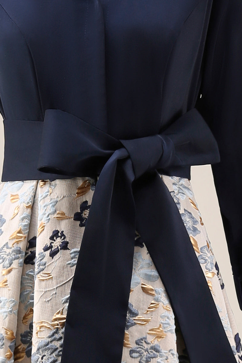 Load image into Gallery viewer, Navy Jacquard Floral A Line 3/4 Sleeves Long Mother of the Bride Dress with Bow