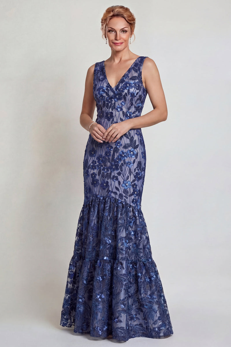 Load image into Gallery viewer, Sparkly Dark Navy Mermaid Floral V-Neck Long Mother of the Bride Dress