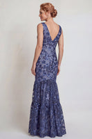 Load image into Gallery viewer, Sparkly Dark Navy Mermaid Floral V-Neck Long Mother of the Bride Dress