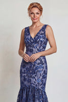 Load image into Gallery viewer, Sparkly Dark Navy Mermaid Floral V-Neck Long Mother of the Bride Dress