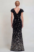 Load image into Gallery viewer, Sparkly Black Silver Mermaid Sequins Velvet Long Mother of the Bride Dress with Sleeves