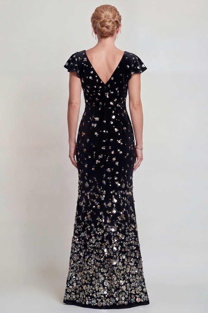 Load image into Gallery viewer, Sparkly Black Silver Mermaid Sequins Velvet Long Mother of the Bride Dress with Sleeves