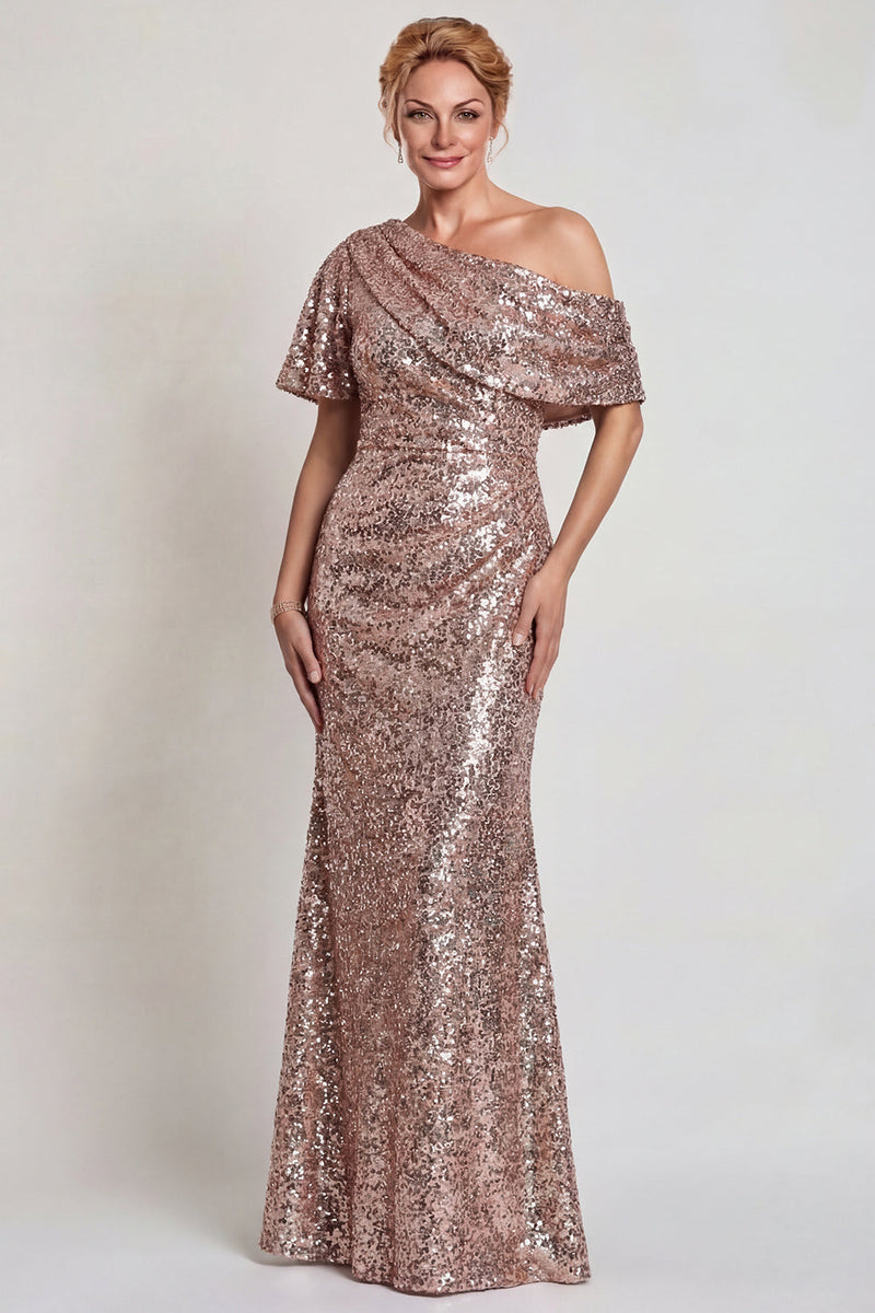 Load image into Gallery viewer, Sparkly Champagne Mermaid Sequins One Shoulder Long Mother of the Bride Dress