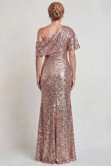 Sparkly Champagne Mermaid Sequins One Shoulder Long Mother of the Bride Dress