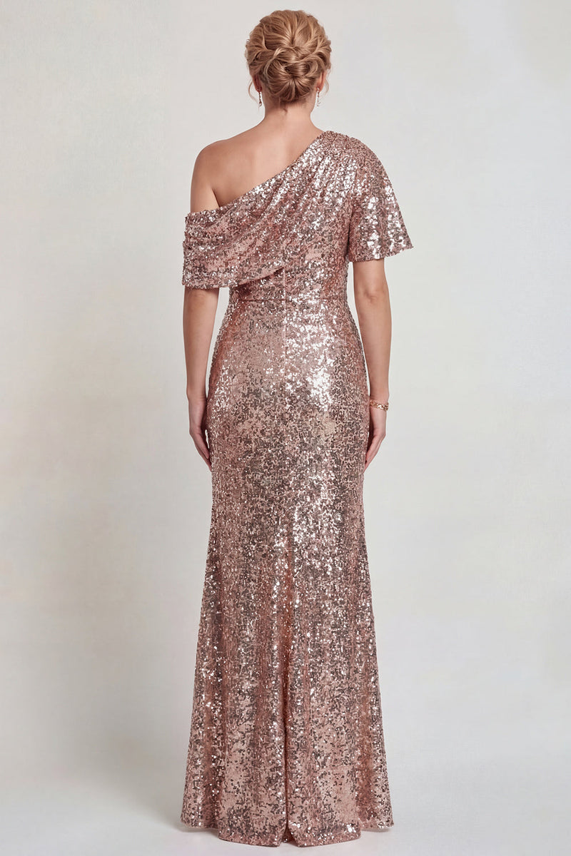 Load image into Gallery viewer, Sparkly Champagne Mermaid Sequins One Shoulder Long Mother of the Bride Dress