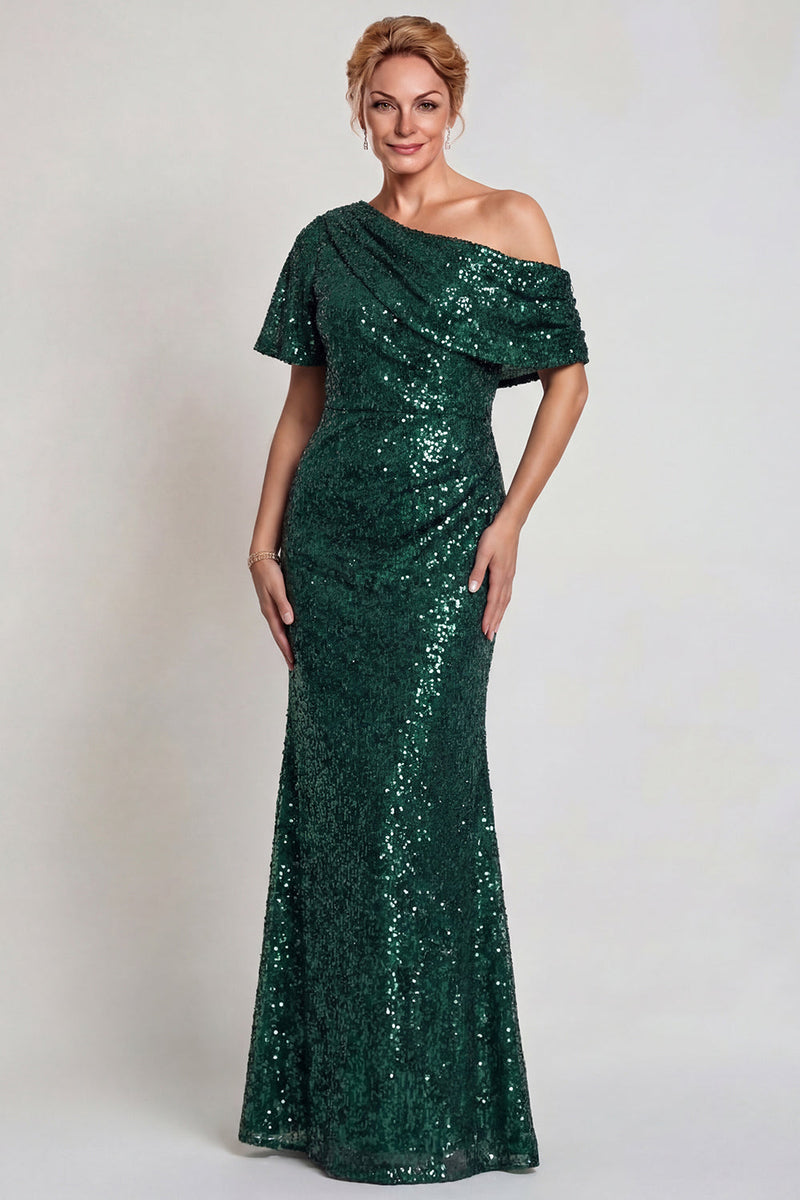 Load image into Gallery viewer, Sparkly Champagne Mermaid Sequins One Shoulder Long Mother of the Bride Dress