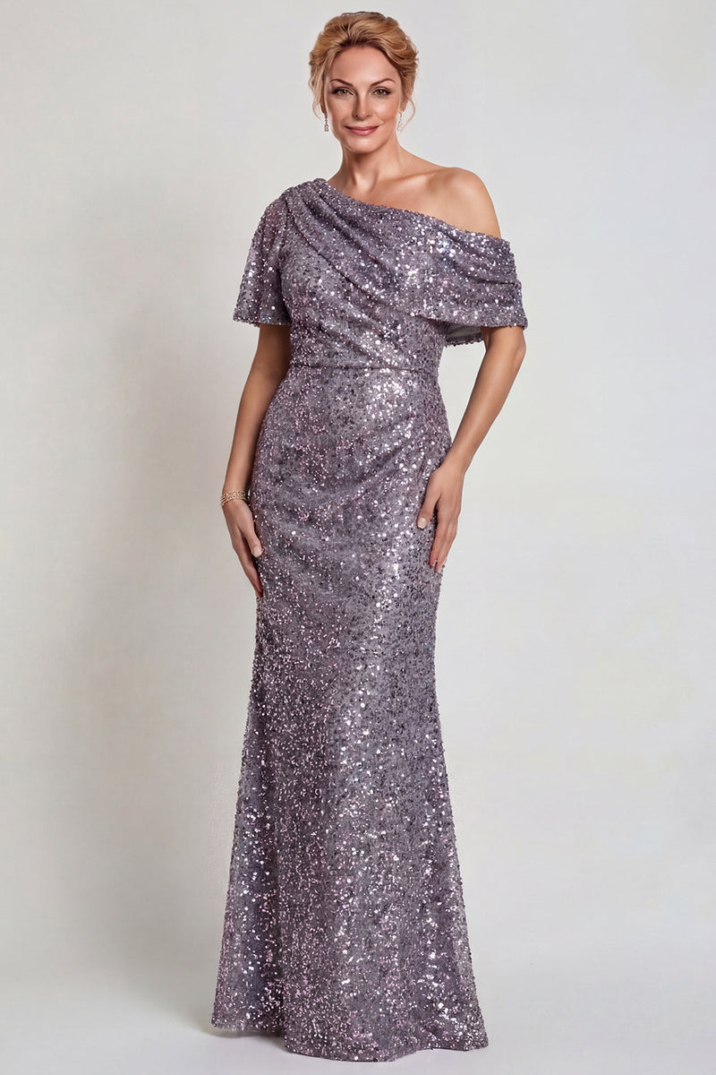 Load image into Gallery viewer, Sparkly Champagne Mermaid Sequins One Shoulder Long Mother of the Bride Dress