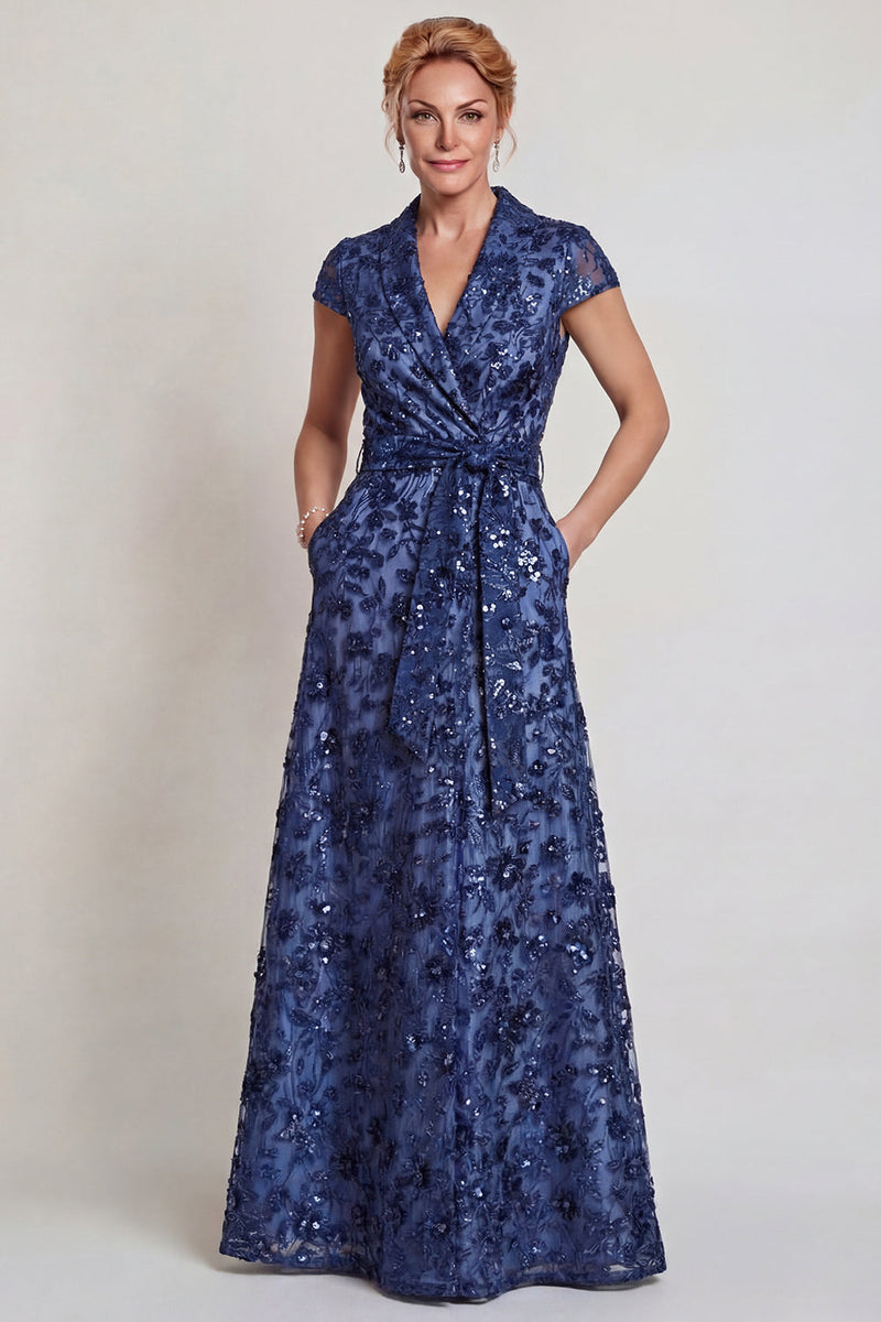 Load image into Gallery viewer, Sparkly Dark Blue Floral Shawl Lapel Sequins Long Mother of the Bride Dress with Pockets