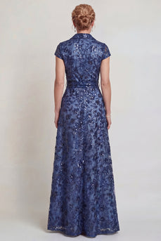 Sparkly Dark Blue Floral Shawl Lapel Sequins Long Mother of the Bride Dress with Pockets