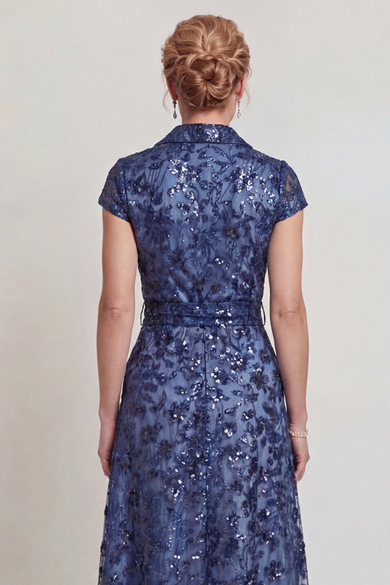 Load image into Gallery viewer, Sparkly Dark Blue Floral Shawl Lapel Sequins Long Mother of the Bride Dress with Pockets