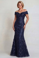 Load image into Gallery viewer, Sparkly Mermaid Navy Sequins Off The Shoulder Long Mother of the Bride Dress