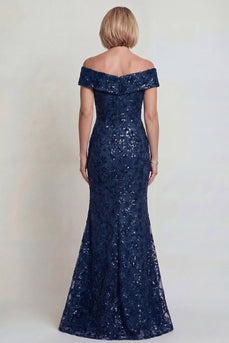 Sparkly Mermaid Navy Sequins Off The Shoulder Long Mother of the Bride Dress