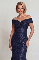 Load image into Gallery viewer, Sparkly Mermaid Navy Sequins Off The Shoulder Long Mother of the Bride Dress