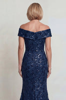 Load image into Gallery viewer, Sparkly Mermaid Navy Sequins Off The Shoulder Long Mother of the Bride Dress