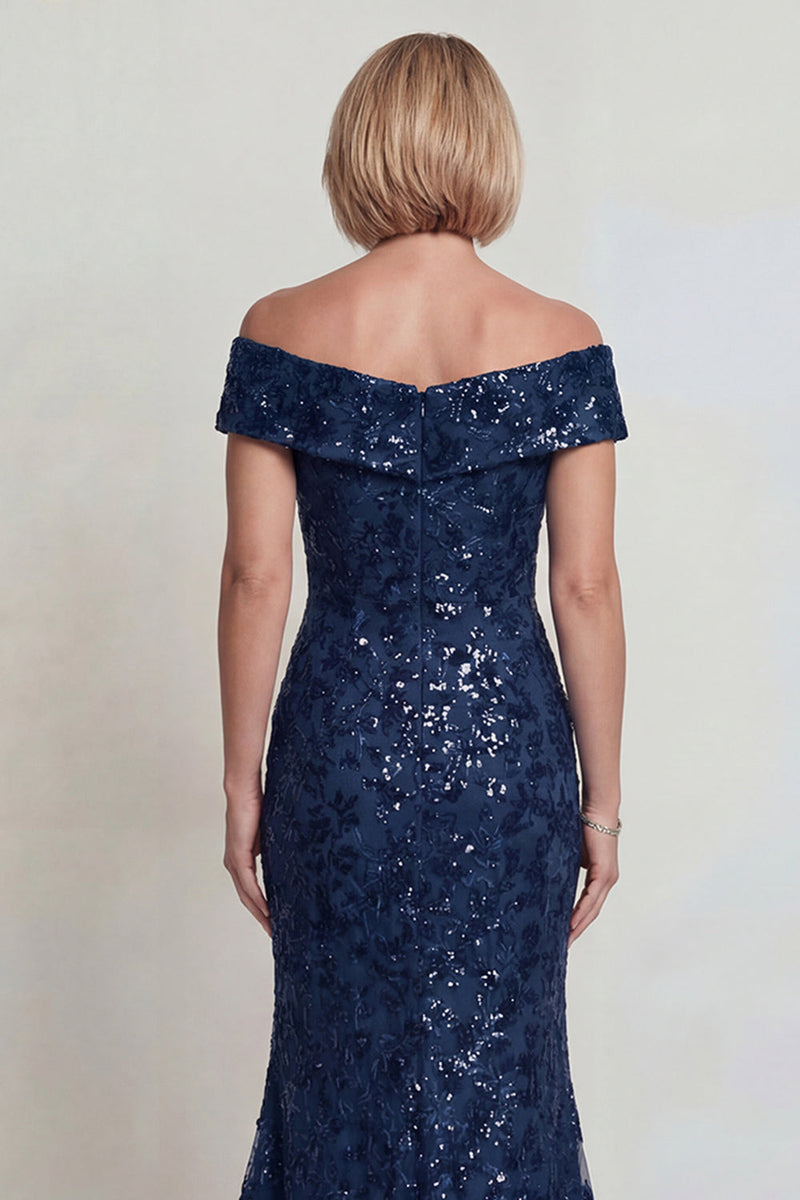 Load image into Gallery viewer, Sparkly Mermaid Navy Sequins Off The Shoulder Long Mother of the Bride Dress