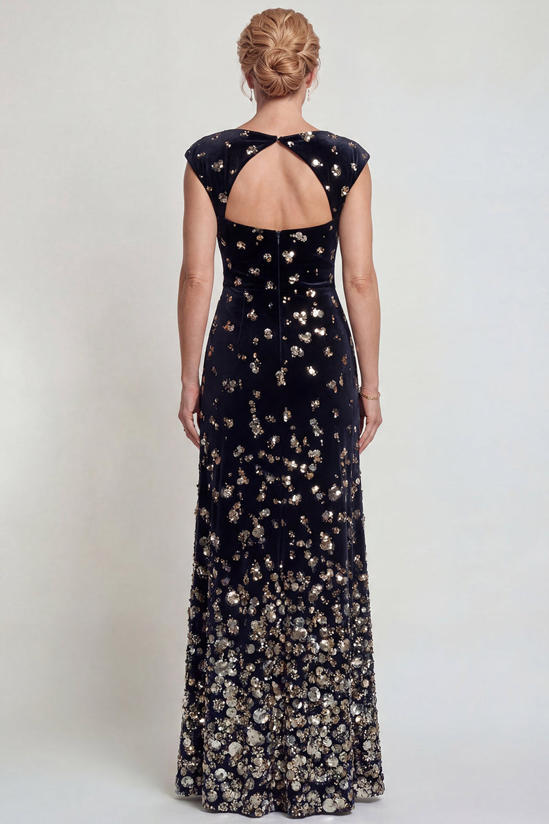 Load image into Gallery viewer, Sparkly Black Silver Mermaid Sequins Velvet Long Mother of the Bride Dress with Slit