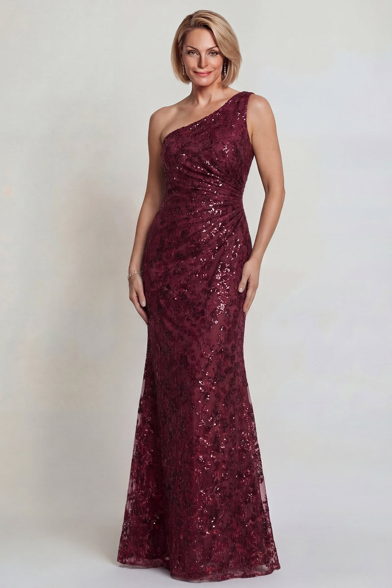Load image into Gallery viewer, Sparkly Burgundy Mermaid Sequins One Shoulder Long Mother of the Bride Dress