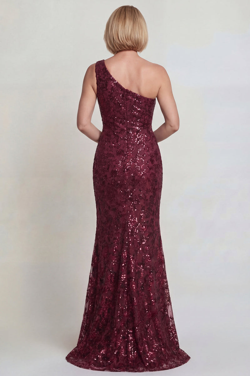 Load image into Gallery viewer, Sparkly Burgundy Mermaid Sequins One Shoulder Long Mother of the Bride Dress