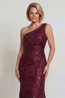 Load image into Gallery viewer, Sparkly Burgundy Mermaid Sequins One Shoulder Long Mother of the Bride Dress