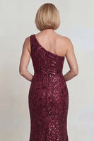 Load image into Gallery viewer, Sparkly Burgundy Mermaid Sequins One Shoulder Long Mother of the Bride Dress