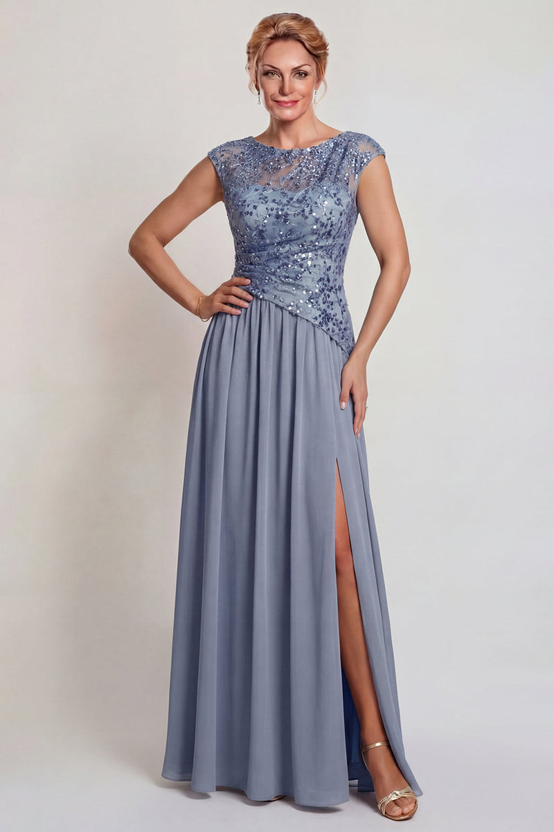 Load image into Gallery viewer, Sparkly Grey Blue Sequins A Line Long Mother of the Bride Dress with Slit