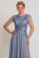 Load image into Gallery viewer, Sparkly Grey Blue Sequins A Line Long Mother of the Bride Dress with Slit