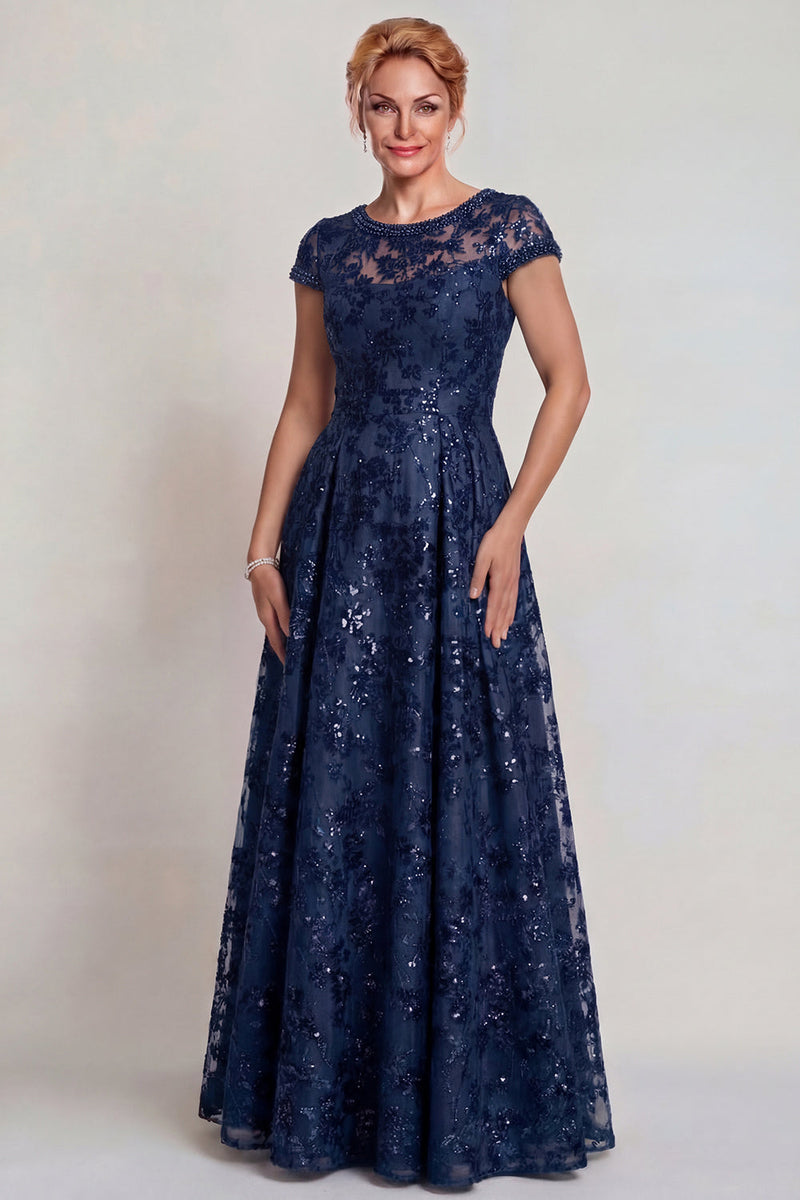 Load image into Gallery viewer, Sparkly Navy Sequins A Line Boat Neck Long Mother of the Bride Dress with Sleeves