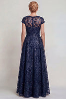 Load image into Gallery viewer, Sparkly Navy Sequins A Line Boat Neck Long Mother of the Bride Dress with Sleeves