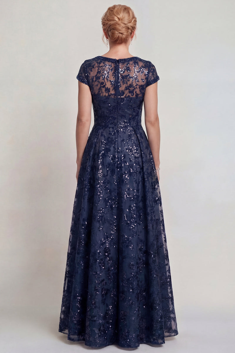 Load image into Gallery viewer, Sparkly Navy Sequins A Line Boat Neck Long Mother of the Bride Dress with Sleeves
