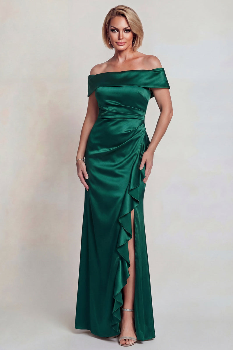 Load image into Gallery viewer, Dark Green Off the Shoulder Satin Long Mother of the Bride Dress with Slit