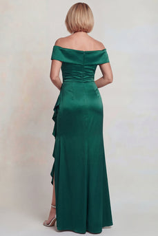 Dark Green Off the Shoulder Satin Long Mother of the Bride Dress with Slit