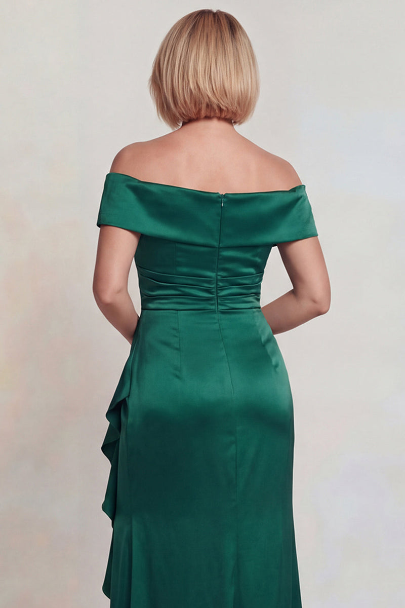 Load image into Gallery viewer, Dark Green Off the Shoulder Satin Long Mother of the Bride Dress with Slit