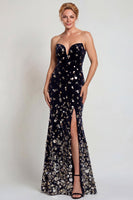 Load image into Gallery viewer, Sparkly Black Silver Strapless Sequins Long Mother of the Bride Dress with Slit
