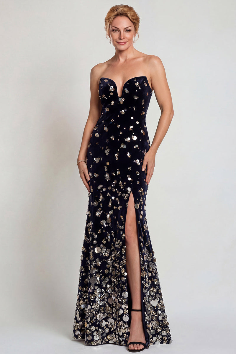 Load image into Gallery viewer, Sparkly Black Silver Strapless Sequins Long Mother of the Bride Dress with Slit