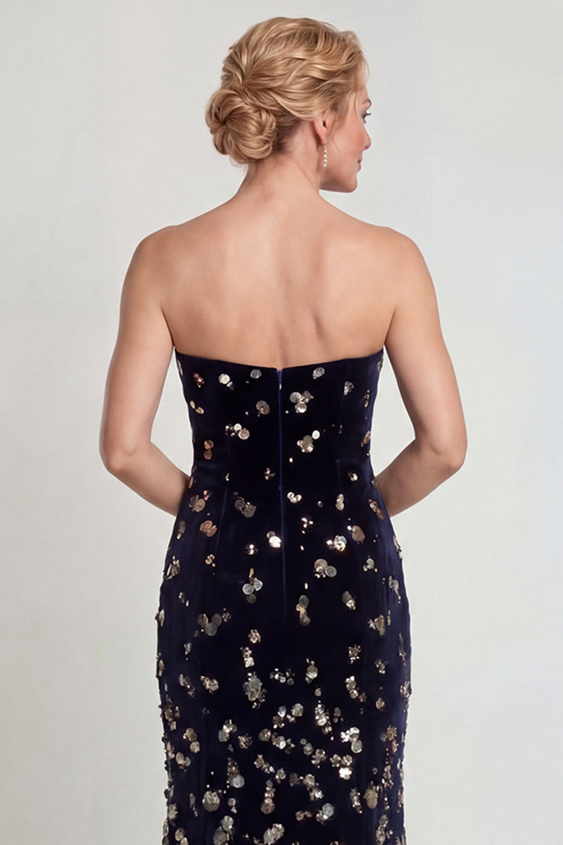 Load image into Gallery viewer, Sparkly Black Silver Strapless Sequins Long Mother of the Bride Dress with Slit