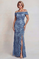 Load image into Gallery viewer, Sparkly Grey Blue Off the Shoulder Long Sequins Mother of the Bride Dress with Slit