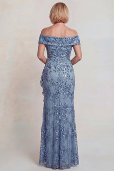 Sparkly Grey Blue Off the Shoulder Long Sequins Mother of the Bride Dress with Slit