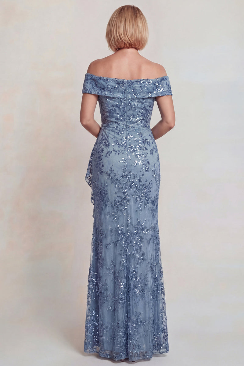 Load image into Gallery viewer, Sparkly Grey Blue Off the Shoulder Long Sequins Mother of the Bride Dress with Slit