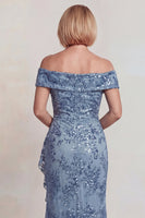 Load image into Gallery viewer, Sparkly Grey Blue Off the Shoulder Long Sequins Mother of the Bride Dress with Slit